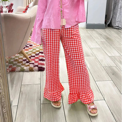 Plaid Flared Gingham Long Elastic Waist Fit Pant