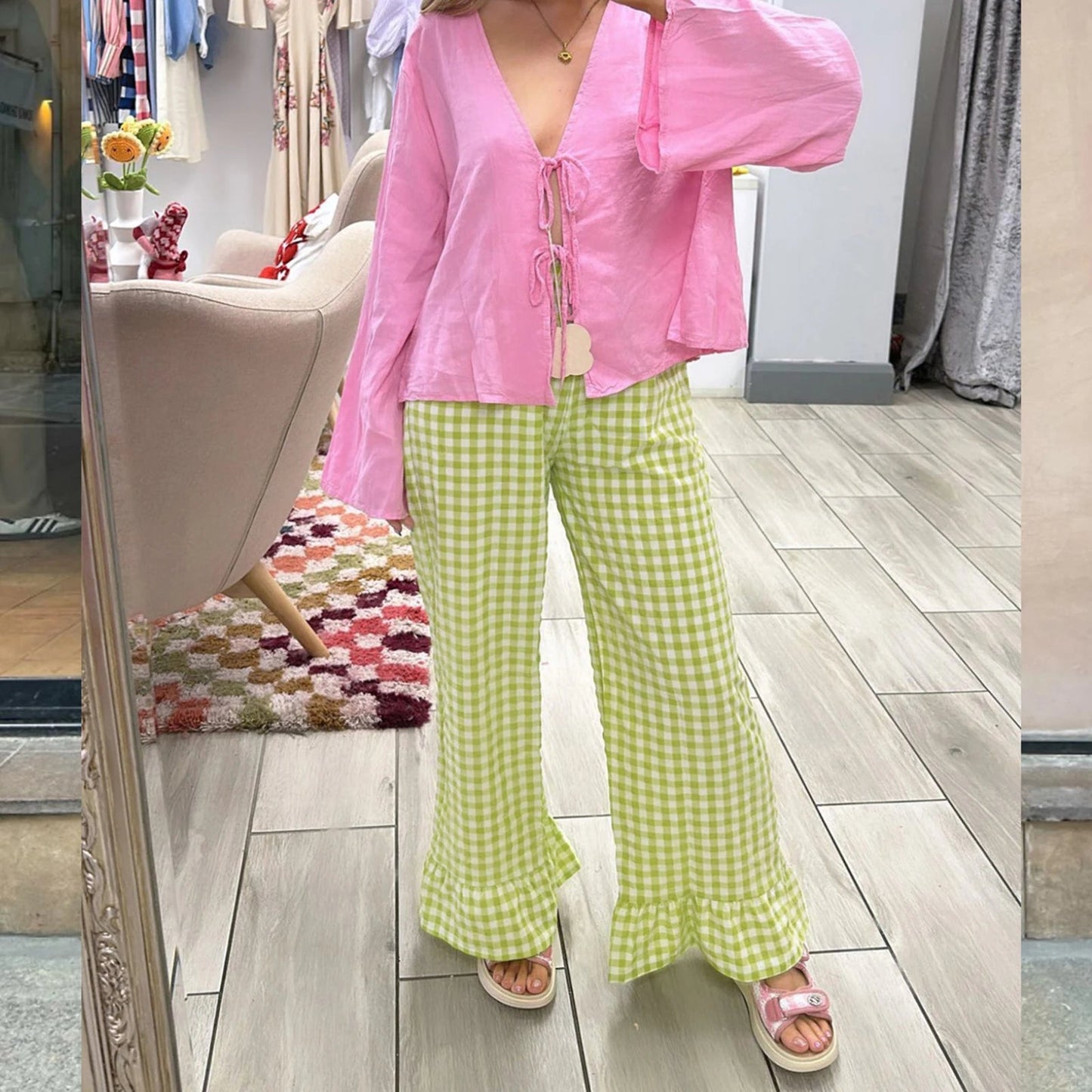 Plaid Flared Gingham Long Elastic Waist Fit Pant