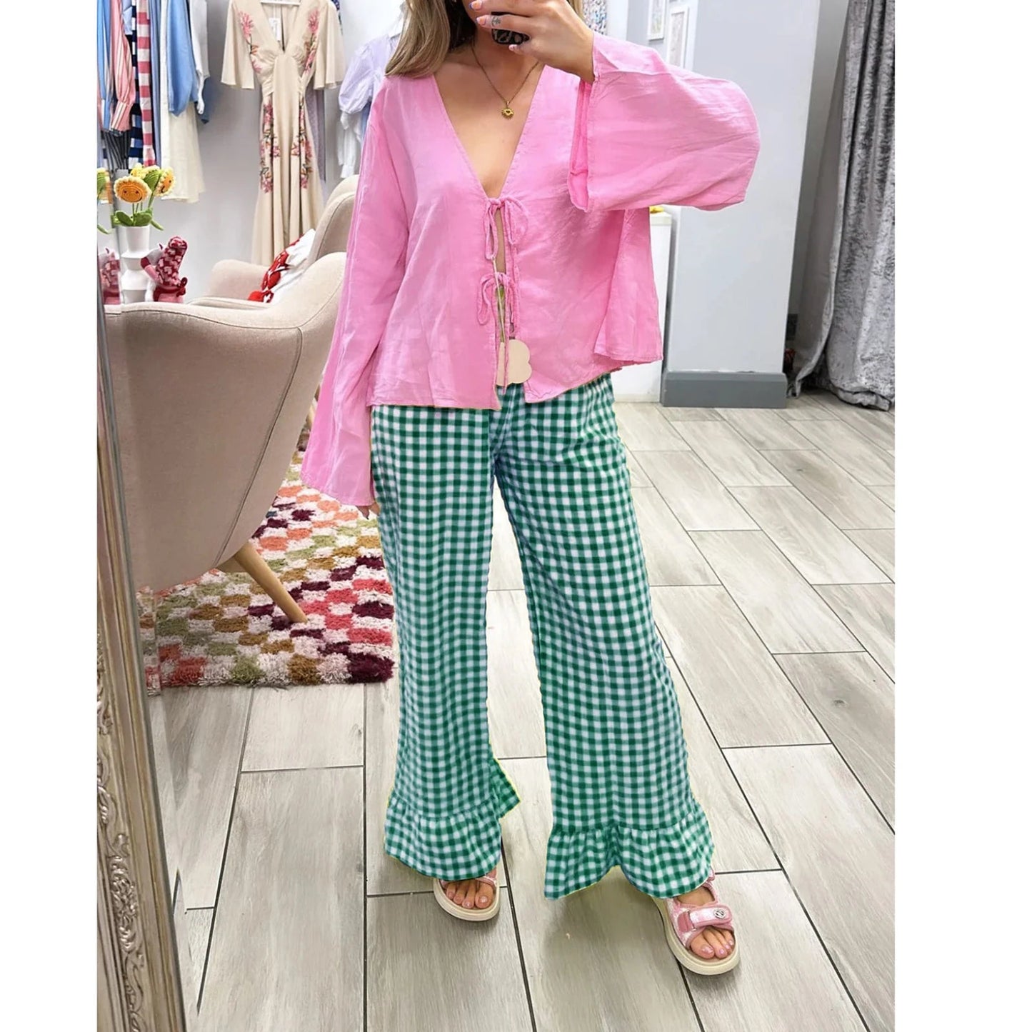 Plaid Flared Gingham Long Elastic Waist Fit Pant
