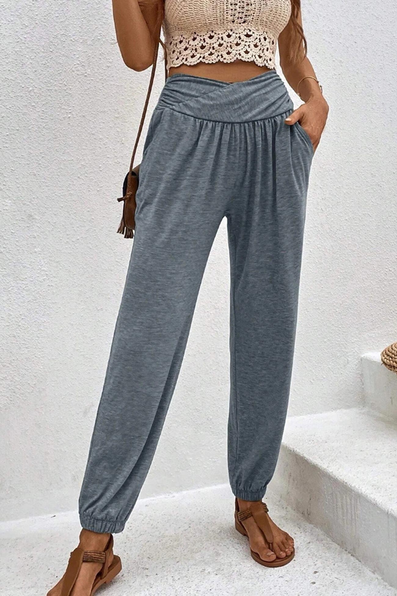 Gathered High Waist Long Pants