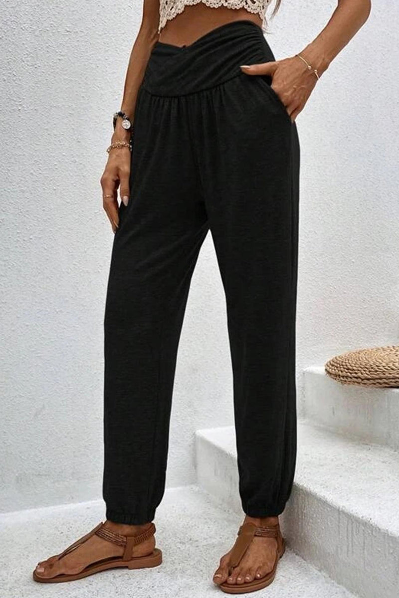 Gathered High Waist Long Pants