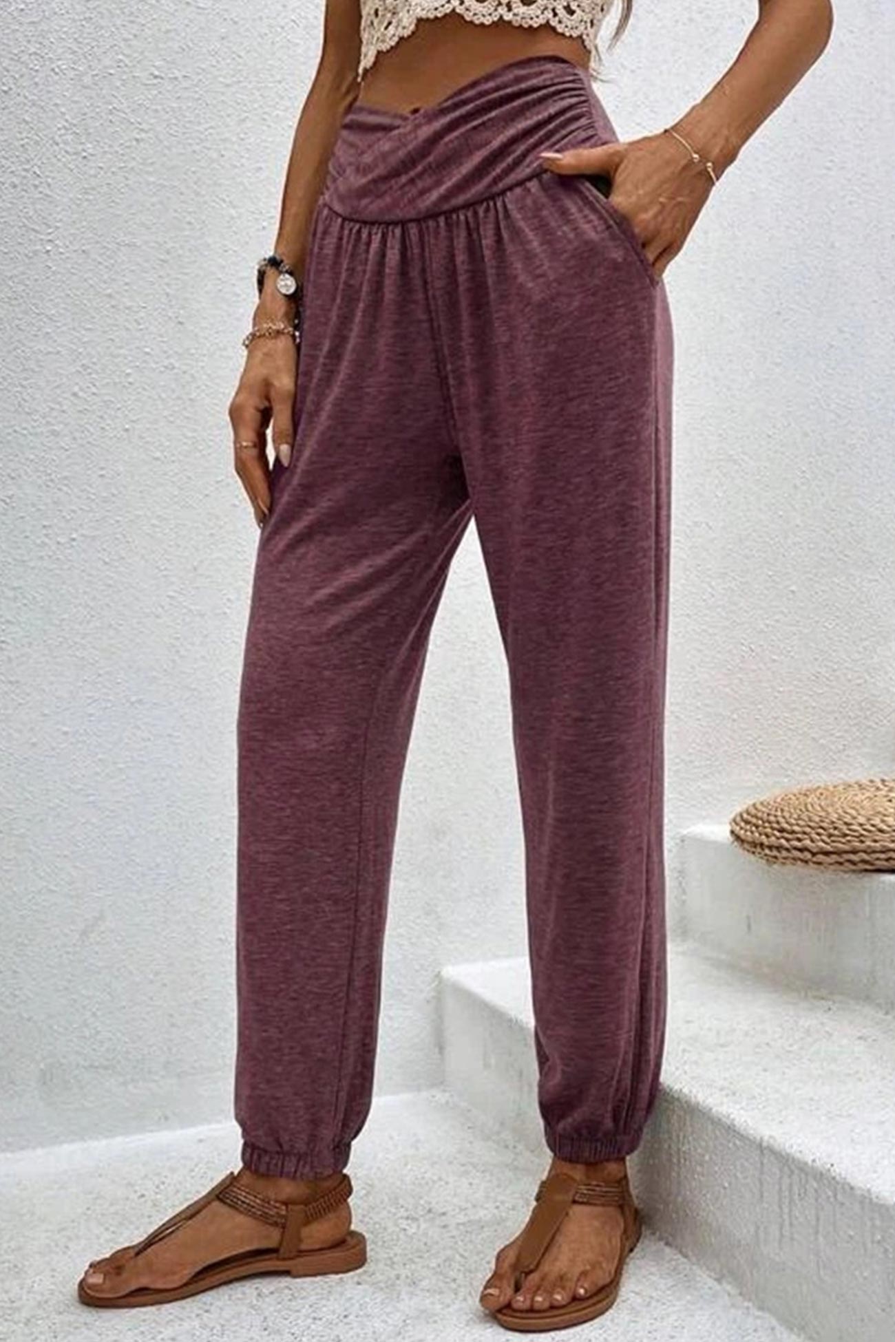 Gathered High Waist Long Pants
