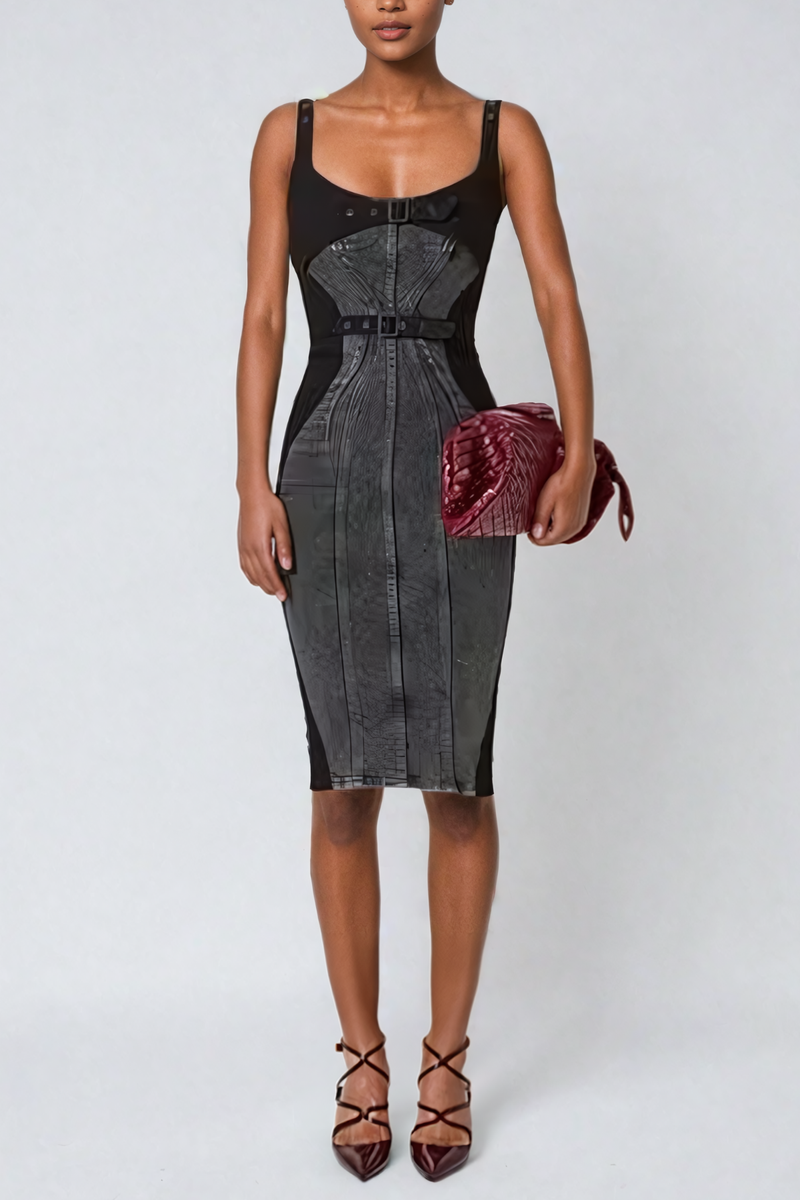 Gauri Buckle Deconstruct Midi Dress in Black