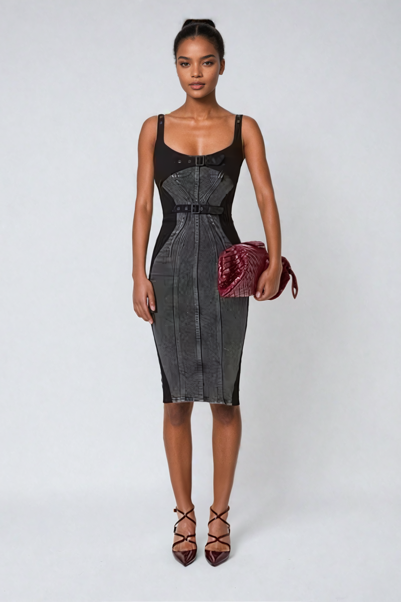Gauri Buckle Deconstruct Midi Dress in Black