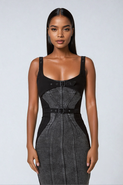 Gauri Buckle Deconstruct Midi Dress in Black