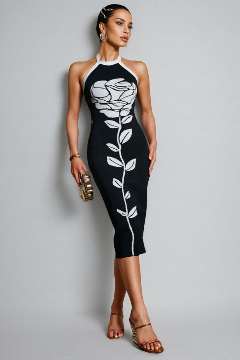 Jeston Halterneck Flower Bandage Midi Dress