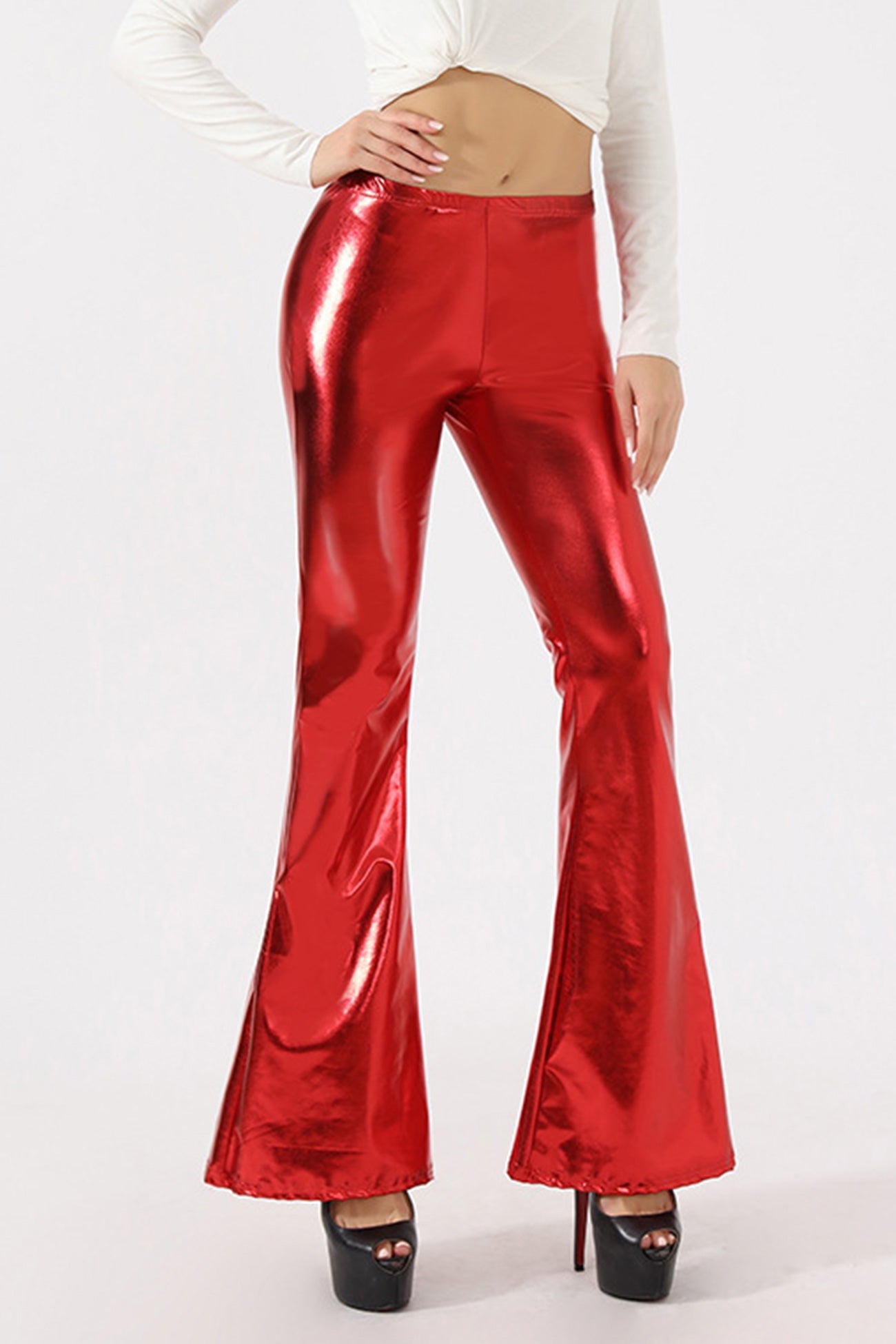 Glossy Pu Leather Flares Long Pants
