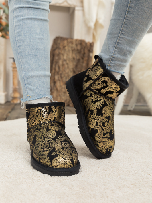Embroidered Faux Fur-lined Leather Suede Boot