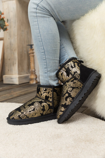 Embroidered Faux Fur-lined Leather Suede Boot