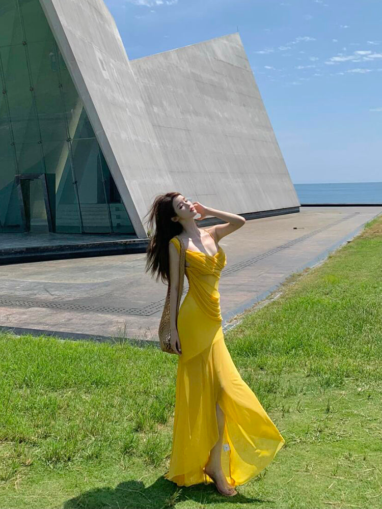 Golden Mesh Ruffle V-neck Maxi Dress _ Flowing & Photogenic Beach Gown
