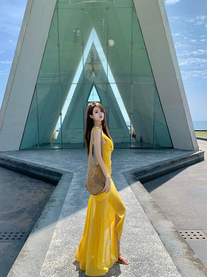 Golden Mesh Ruffle V-neck Maxi Dress _ Flowing & Photogenic Beach Gown