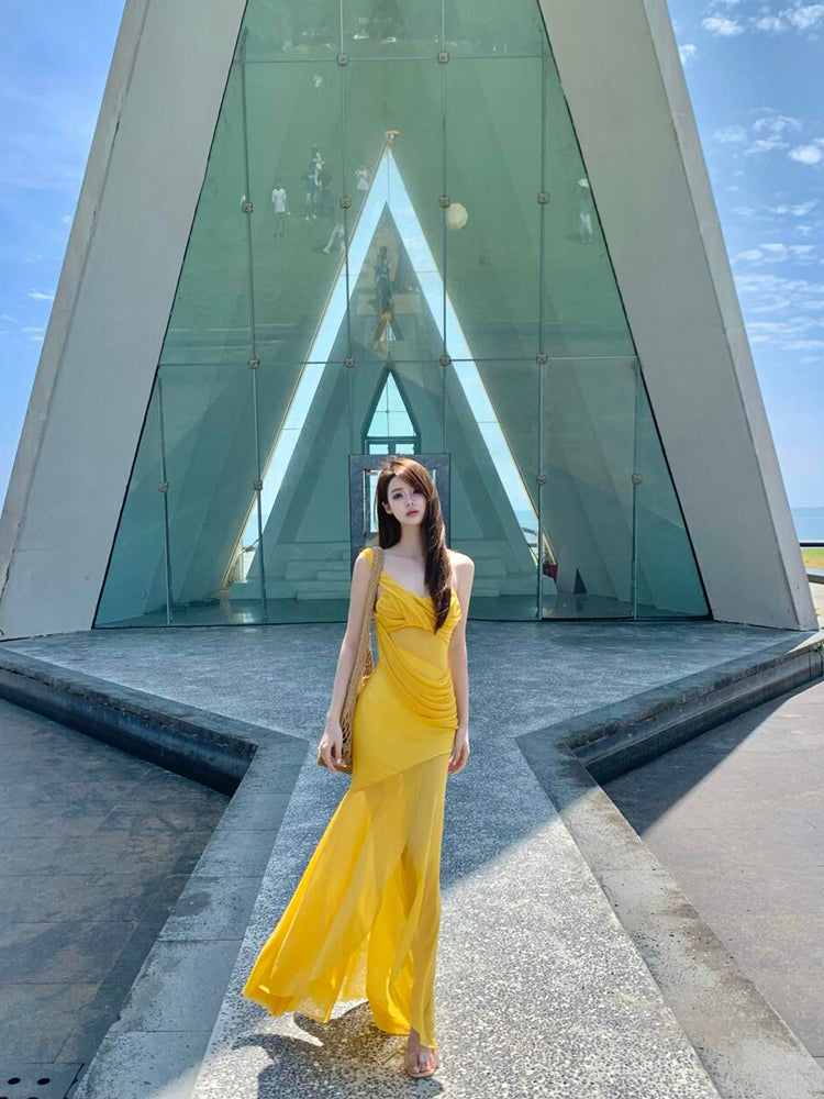 Golden Mesh Ruffle V-neck Maxi Dress _ Flowing & Photogenic Beach Gown