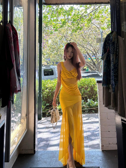 Golden Mesh Ruffle V-neck Maxi Dress _ Flowing & Photogenic Beach Gown