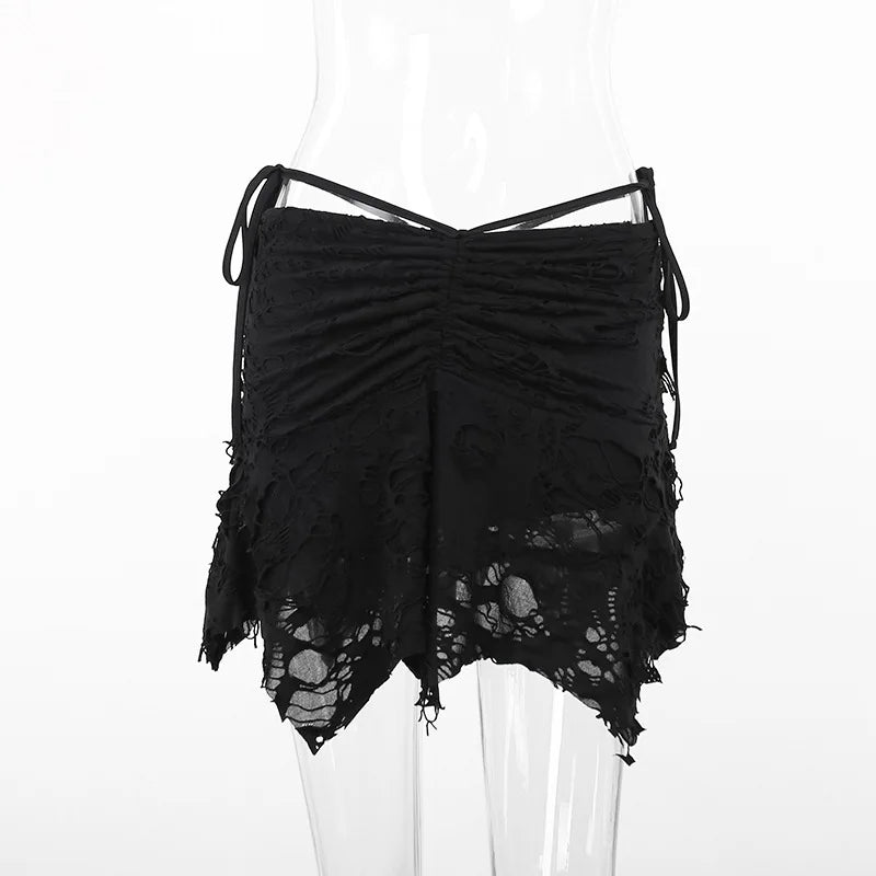 Goth Black Holes Lace-up Mini Folds Irregular Bodycon Short New Skirt