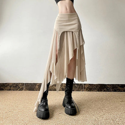 Goth Cyber Y2k Irregular Hem Mid Harajuku Mesh Patchwork Club Alt Skirt