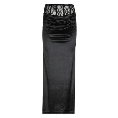 Goth Dark Mall Gothic Velvet Trumpet Y2k Partywear Lace Patchwork Long Skirt