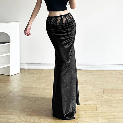 Goth Dark Mall Gothic Velvet Trumpet Y2k Partywear Lace Patchwork Long Skirt