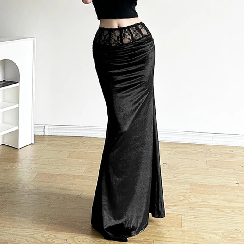 Goth Dark Mall Gothic Velvet Trumpet Y2k Partywear Lace Patchwork Long Skirt