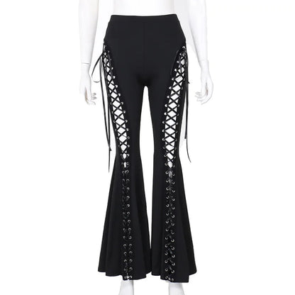 Y2k Grudge Harajuku Gothic Punk Eyelet Bandage Flared High Waist Hip Hop Pants