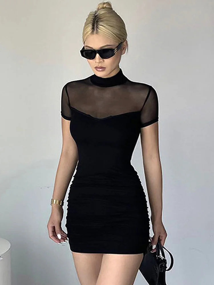 Goth Dark Mock Neck Y2k Bodycon Mini Dresses Gothic Mesh Patchwork Sheer Party Dress