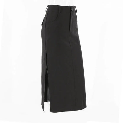 Goth Dark Black Y2k Cargo Midi Grunge Gothic Split High Waist Skirt
