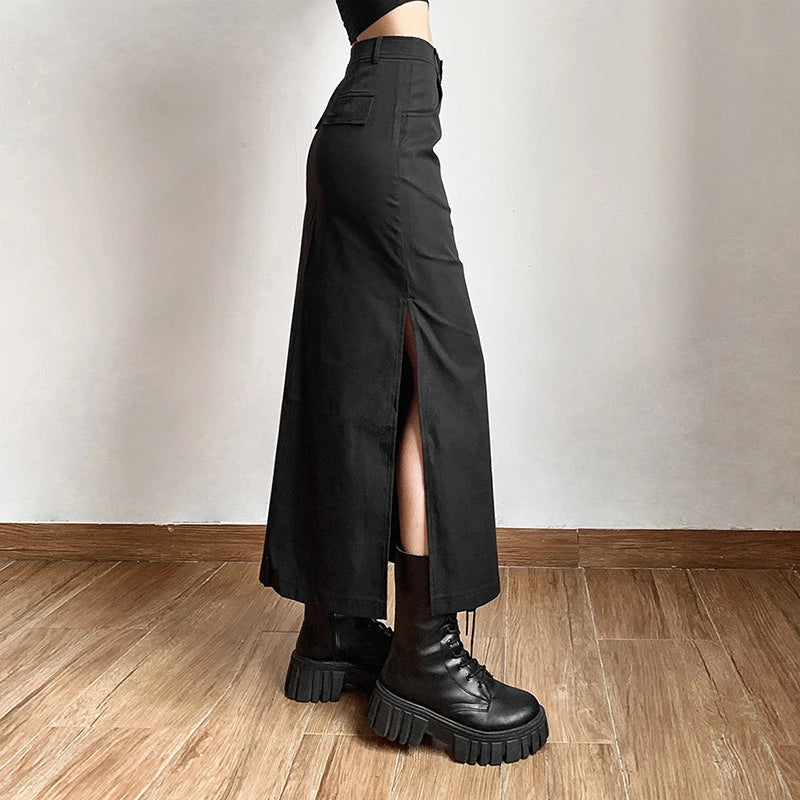 Goth Dark Black Y2k Cargo Midi Grunge Gothic Split High Waist Skirt