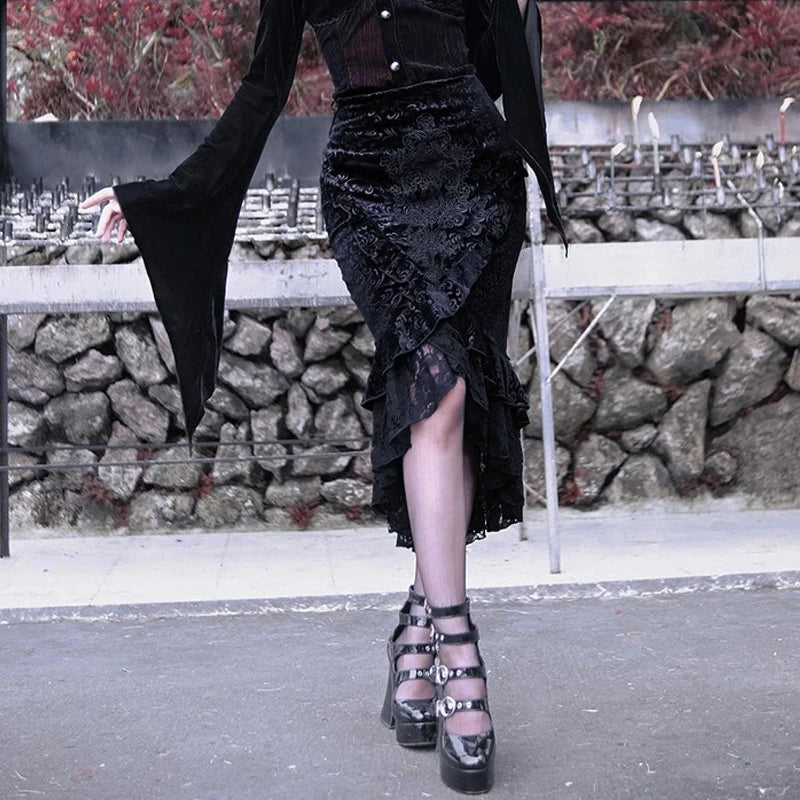 Goth Dark Mall Gothic Ruffles Mermaid Grunge Aesthetic Lace Hem Midi Skirt