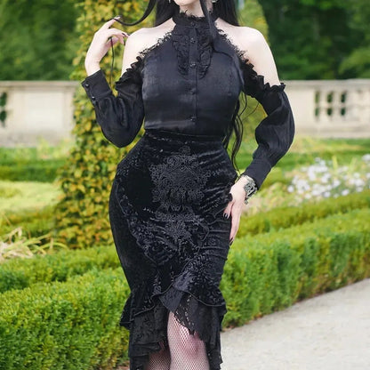 Goth Dark Mall Gothic Ruffles Mermaid Grunge Aesthetic Lace Hem Midi Skirt
