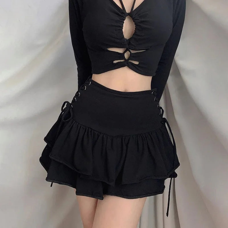 Japanese Harajuku Sweet Lace Plaid High Waist Pleated Gothic Skirt