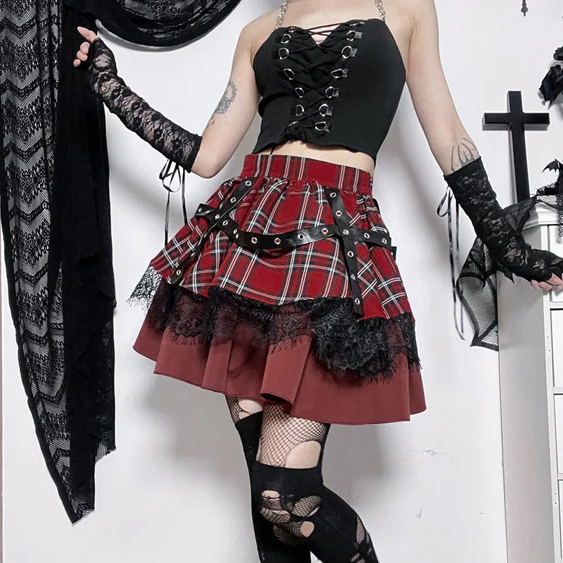 Y2k Lolita Cake Mini Gothic Harajuku Plaid Pleated Sweet Lace Kawaii Skirt