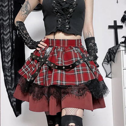 Y2k Lolita Cake Mini Gothic Harajuku Plaid Pleated Sweet Lace Kawaii Skirt