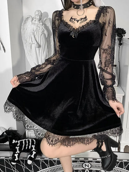 Gothic Lolita Girl Lace Trim Velvet A-line Dress Perspective Long Sleeve V Neck Slim Mini Dress Cosplay Party Costume