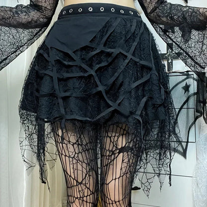 Gothic Mini Y2k Harajuku Spider Web Patchwork Lace Tassel Dark Academy Street Woman With Belt Fairy Grunge Skirt