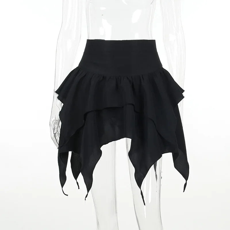 Irregular Color Drawstring Tie-up Ruched Ruffles Mini Skirt