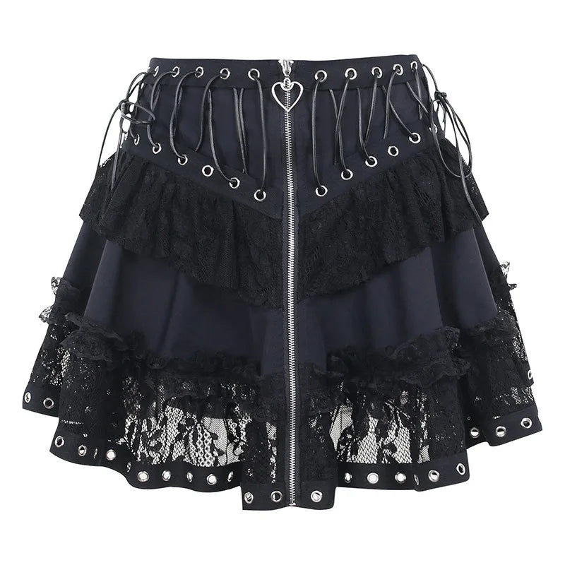 High Waist Zipper Front Japanese Style Kawaii Black Harajuku Gothic Skater Mini Skirt