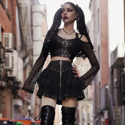 Gothic High Waist Zipper Front Japanese Kawaii Black Cosplay Skirt