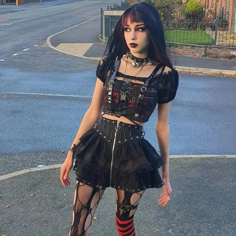 High Waist Zipper Front Japanese Style Kawaii Black Harajuku Gothic Skater Mini Skirt