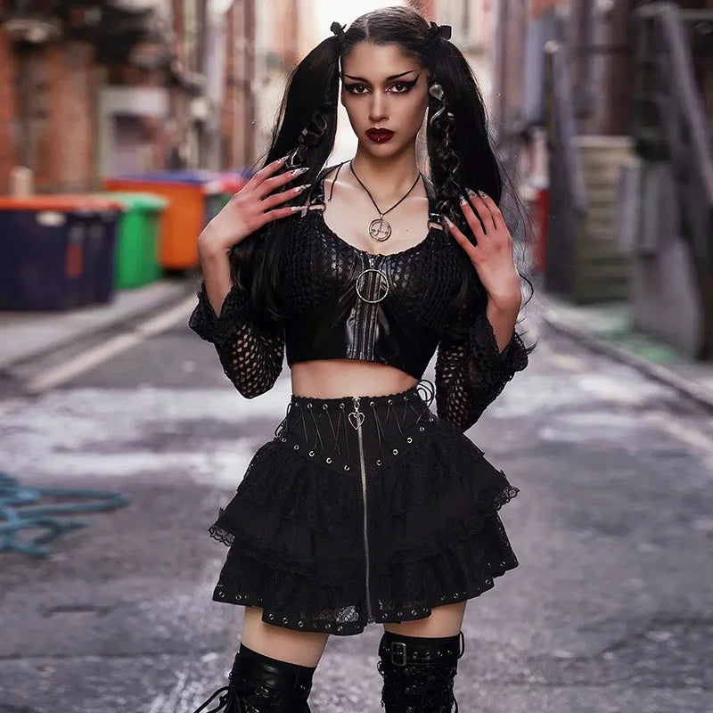 High Waist Zipper Front Japanese Style Kawaii Black Harajuku Gothic Skater Mini Skirt