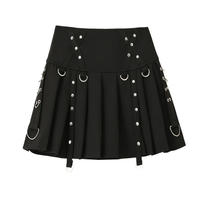 Gothic Diablo Harajuku Personality Spice Rivet Metal Buckle Streamer Low Waist a Version Short Pleated Skirt
