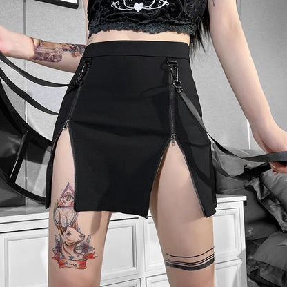 Gothic Zip Split Mini Grunge Strap Black High Waist Pencil E-girl Skirt