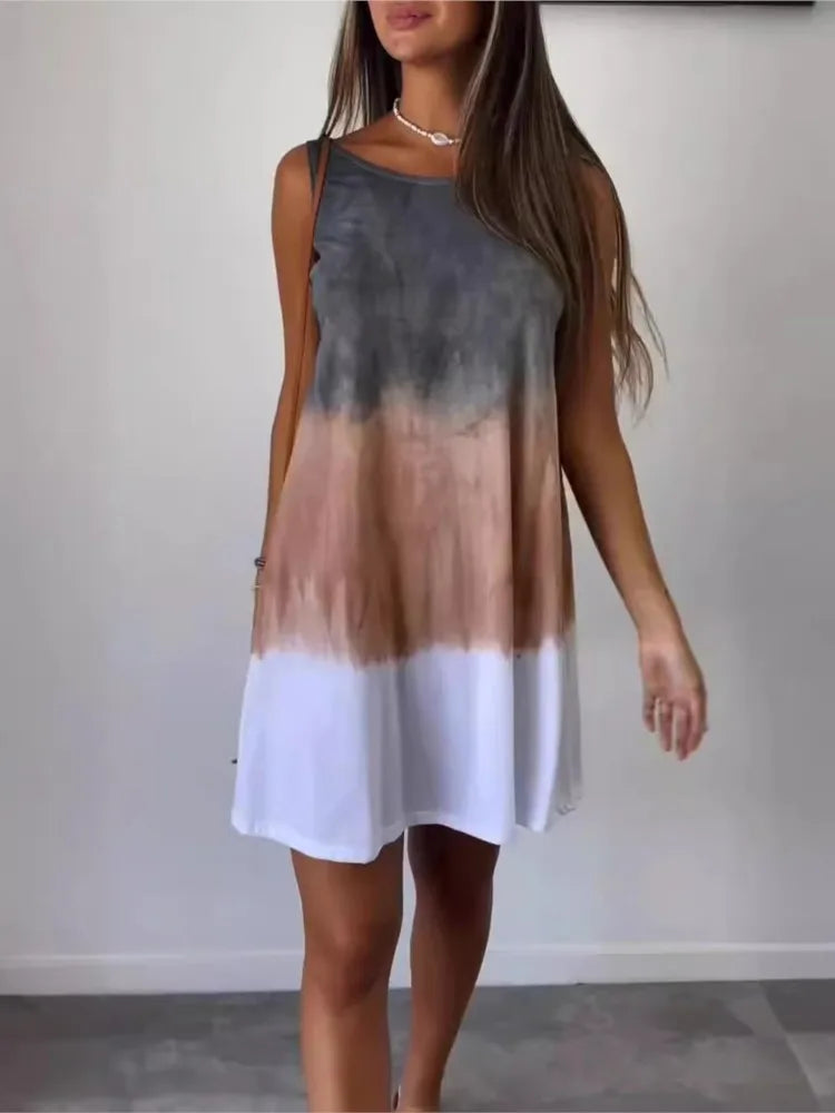 Gradient Tie Dye Print Mini Dresses Summer New Loose O Neck Sleeveless Dress Lady Vestidos