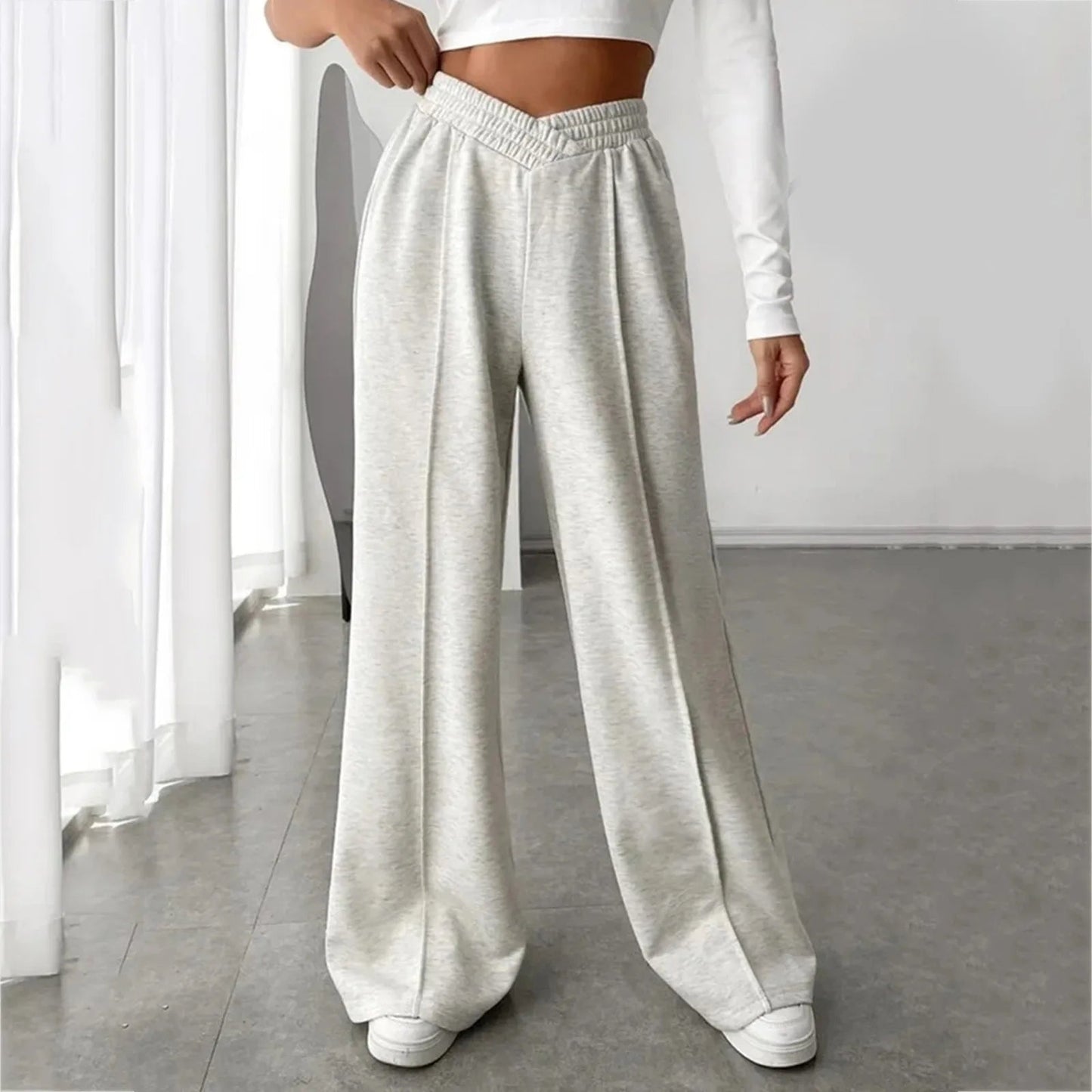 V-shaper Elastic Wide Leg Stylish Gray Jogging Leisure Sweatpants
