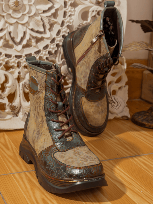 Soffia | Leather Canvas Lug Sole Combat Boot