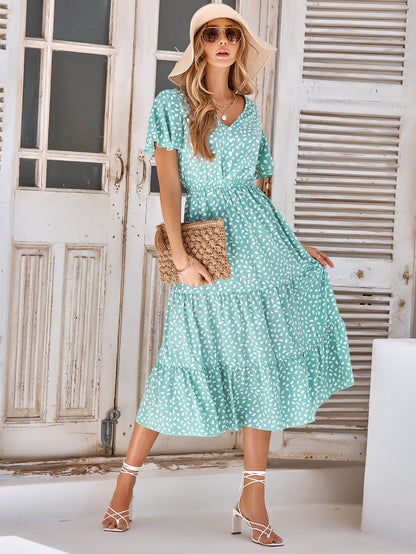 Charlie Short Sleeve Spot Midi Dress - Green