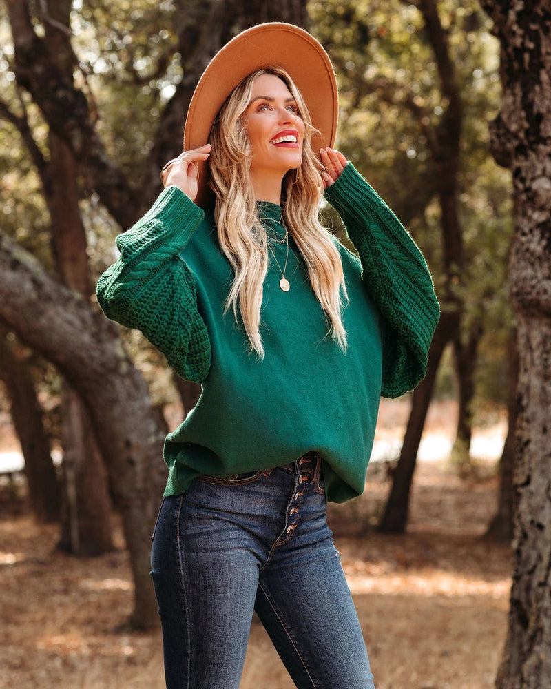 Braided Sleeve Knit Sweater - Green