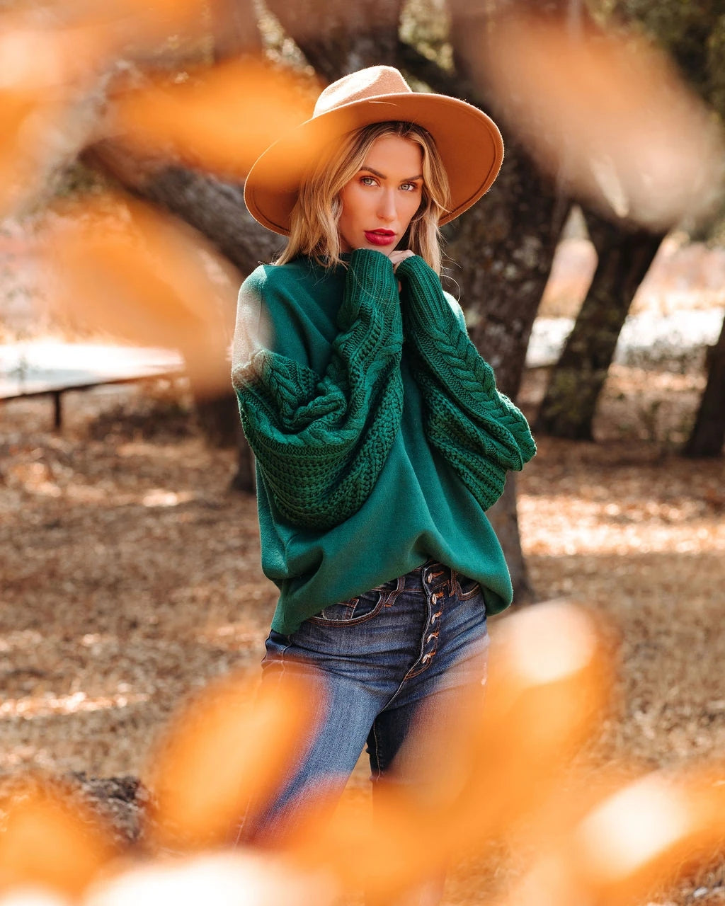 Braided Sleeve Knit Sweater - Green