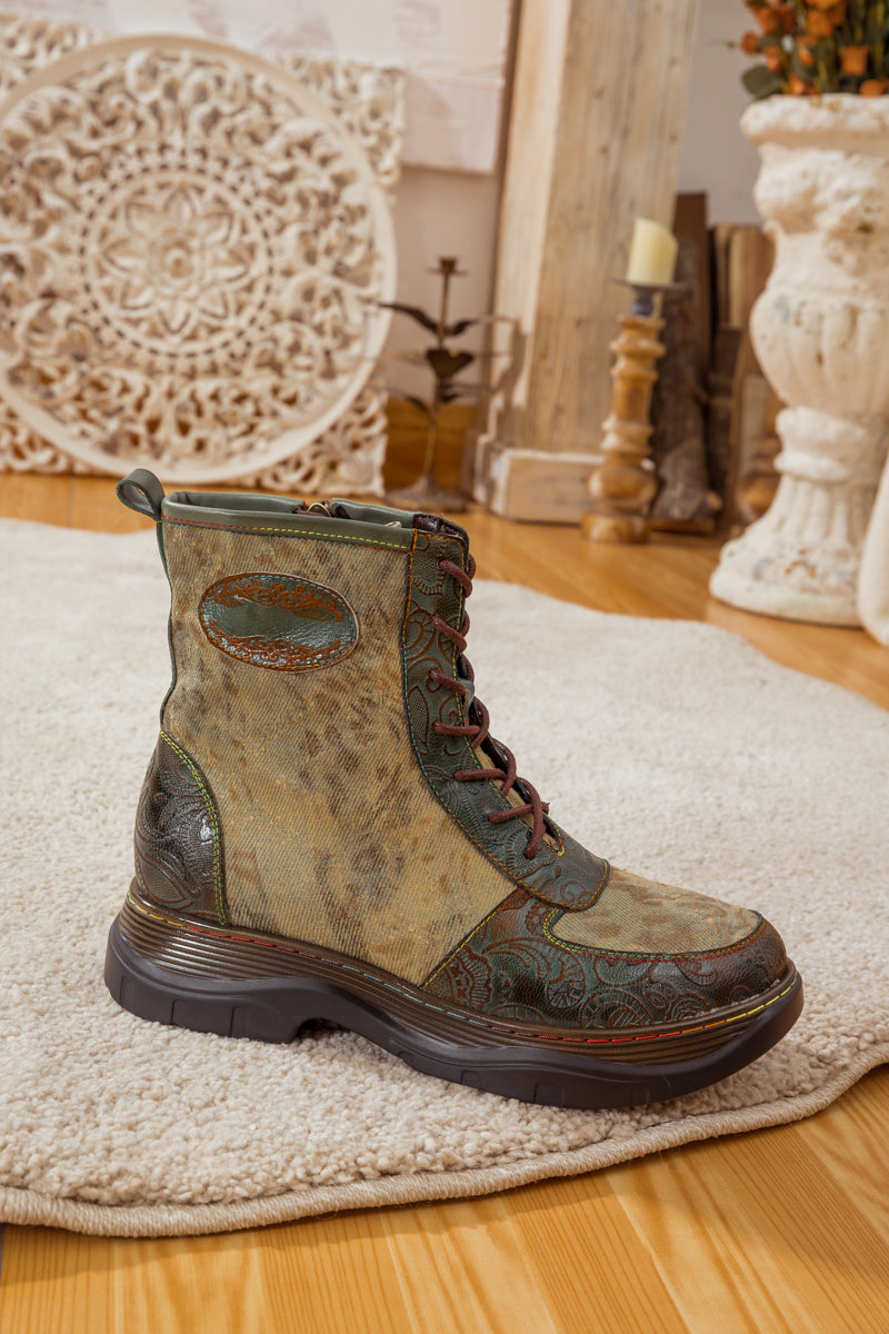Soffia | Leather Canvas Lug Sole Combat Boot