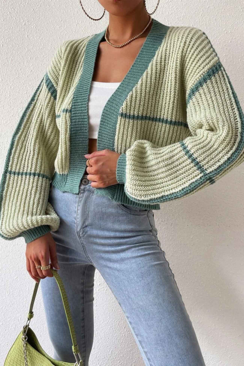 Long Sleeve Open-front Patchwork Knit Cardigan