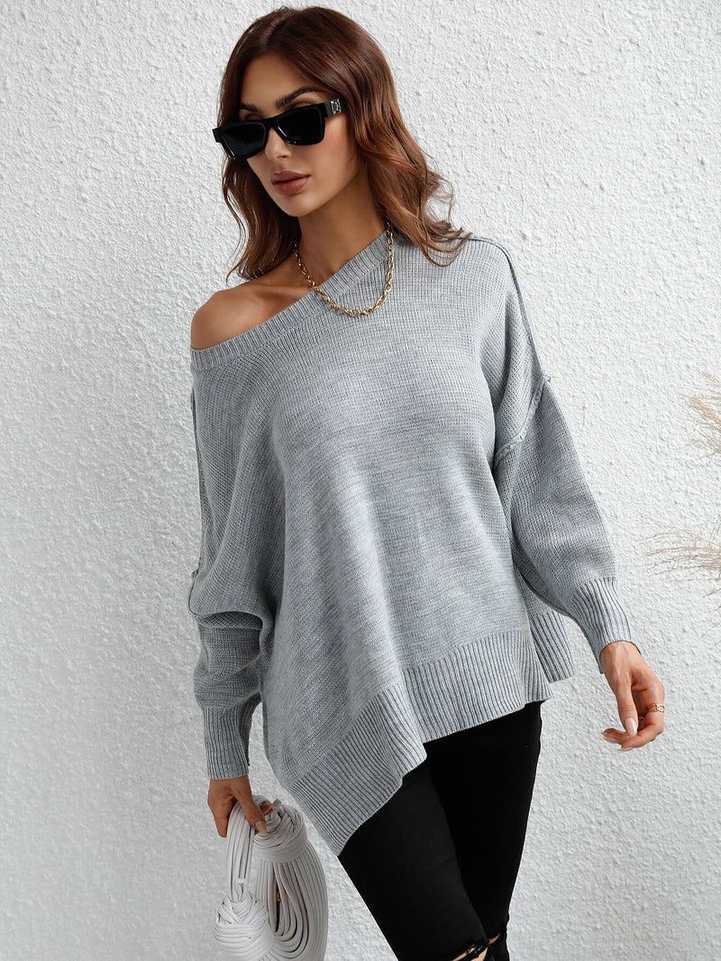Oversized Batwing Sleeve Knit Sweater - Grey