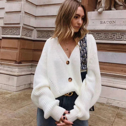 Grey Cozy Soft Knit Button V-neck Basic Autumn Winter Cardigan
